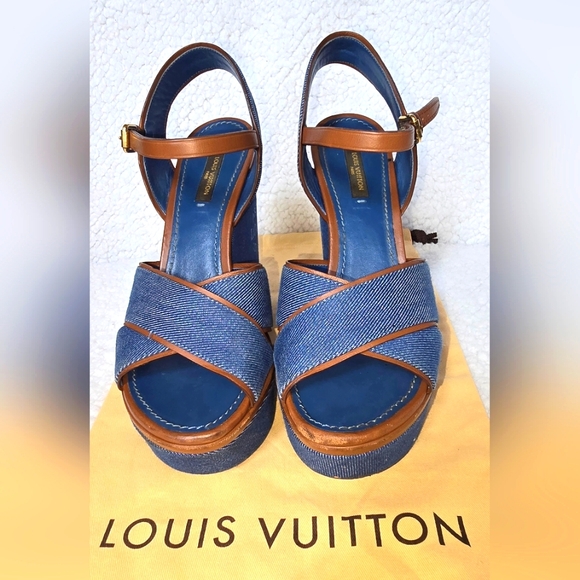 Louis Vuitton Blue Denim Wedge Platform Sandals size 37.5 - Picture 5 of 16